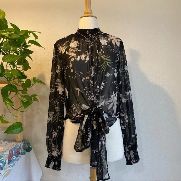 Sheer black floral high neck tie waist blouse - Picture 3 of 15